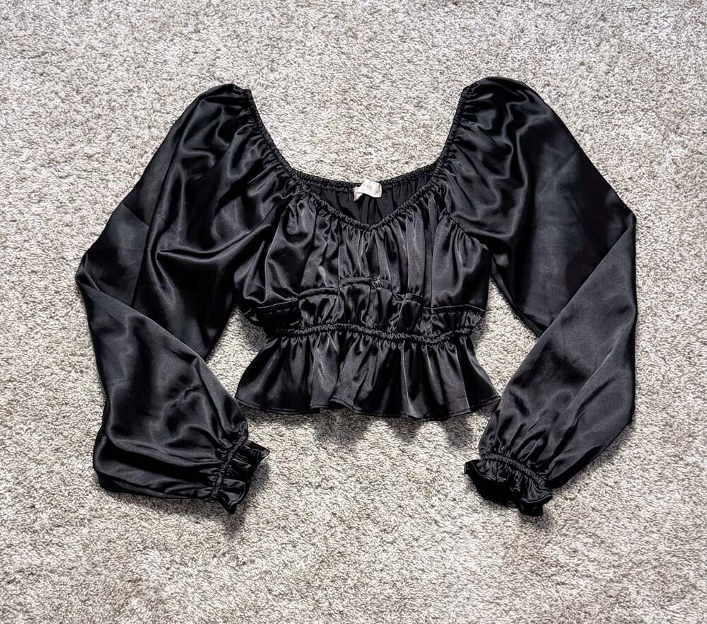 Altar'd State Satin Long Sleeve Top in Black